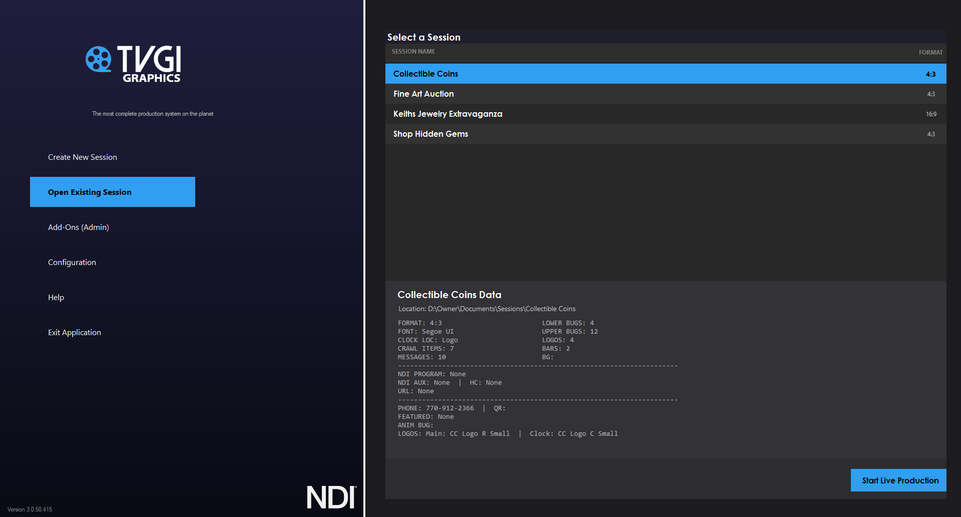 TVGI session selection screen